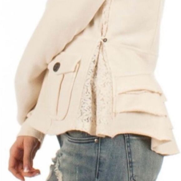 Others Follow Cleo Cream Ruffle Lace Insert Cotton Blazer Zip-Front M - Picture 4 of 13